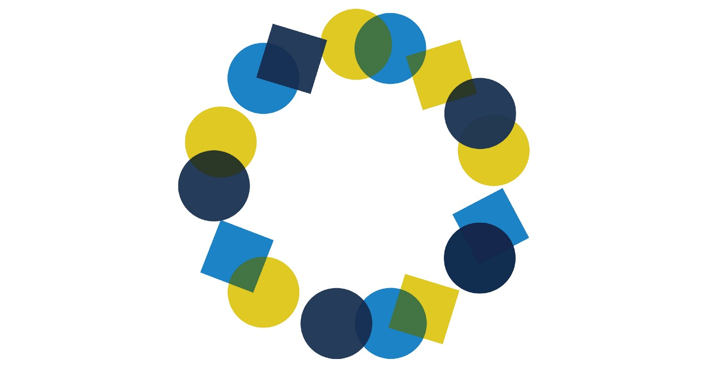 Squares and circles, colored dark blue, medium blue and golden yellow, overlap in a circle. This represents the USDS value “Design with users, not for them.”