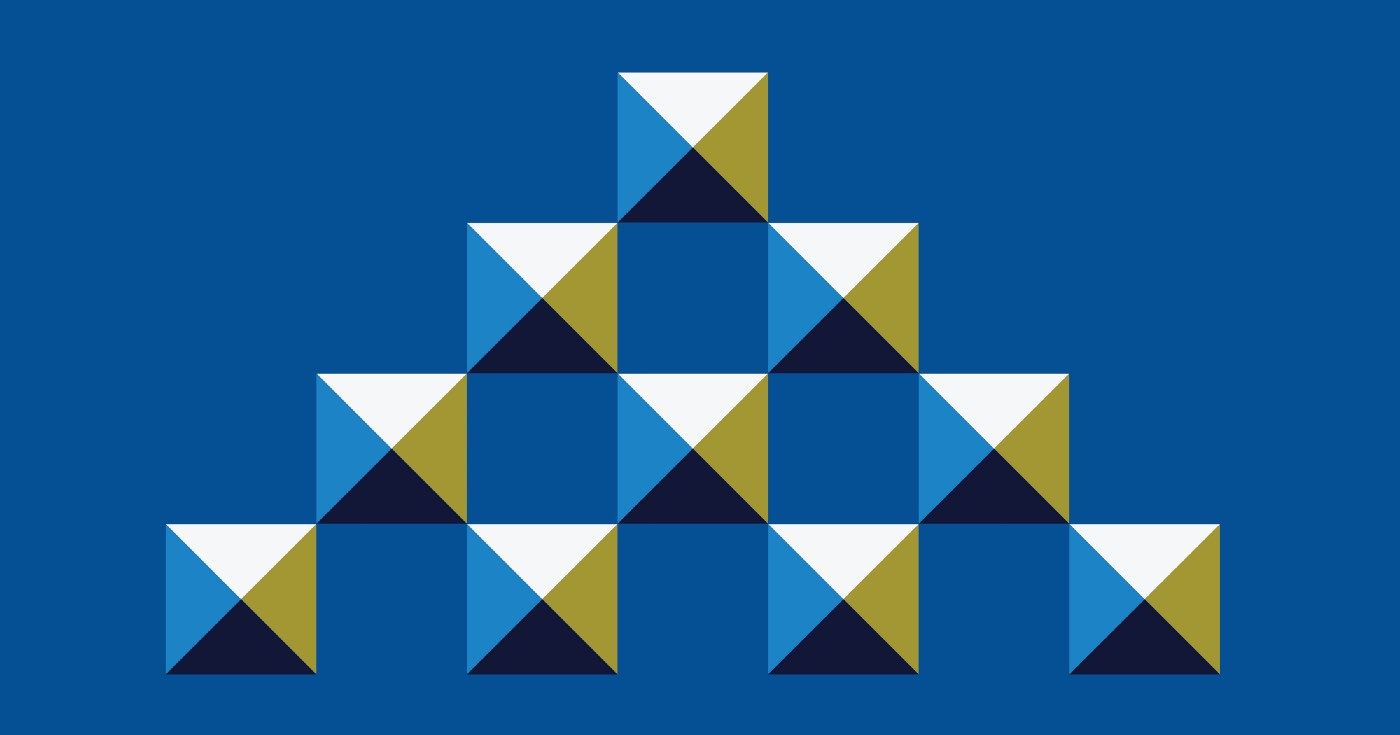 Squares made of dark blue, medium blue, gold and white triangles are piled on top of each other to form a pyramid of squares. This represents the USDS value of "hire and empower great people."