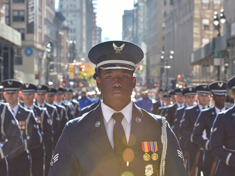 U.S. Air Force Senior Airman Jamar Jackson, a United States Air Force Honor Guard ceremonial guardsman, marches in the Veterans Day Parade in New York, Nov. 11, 2018