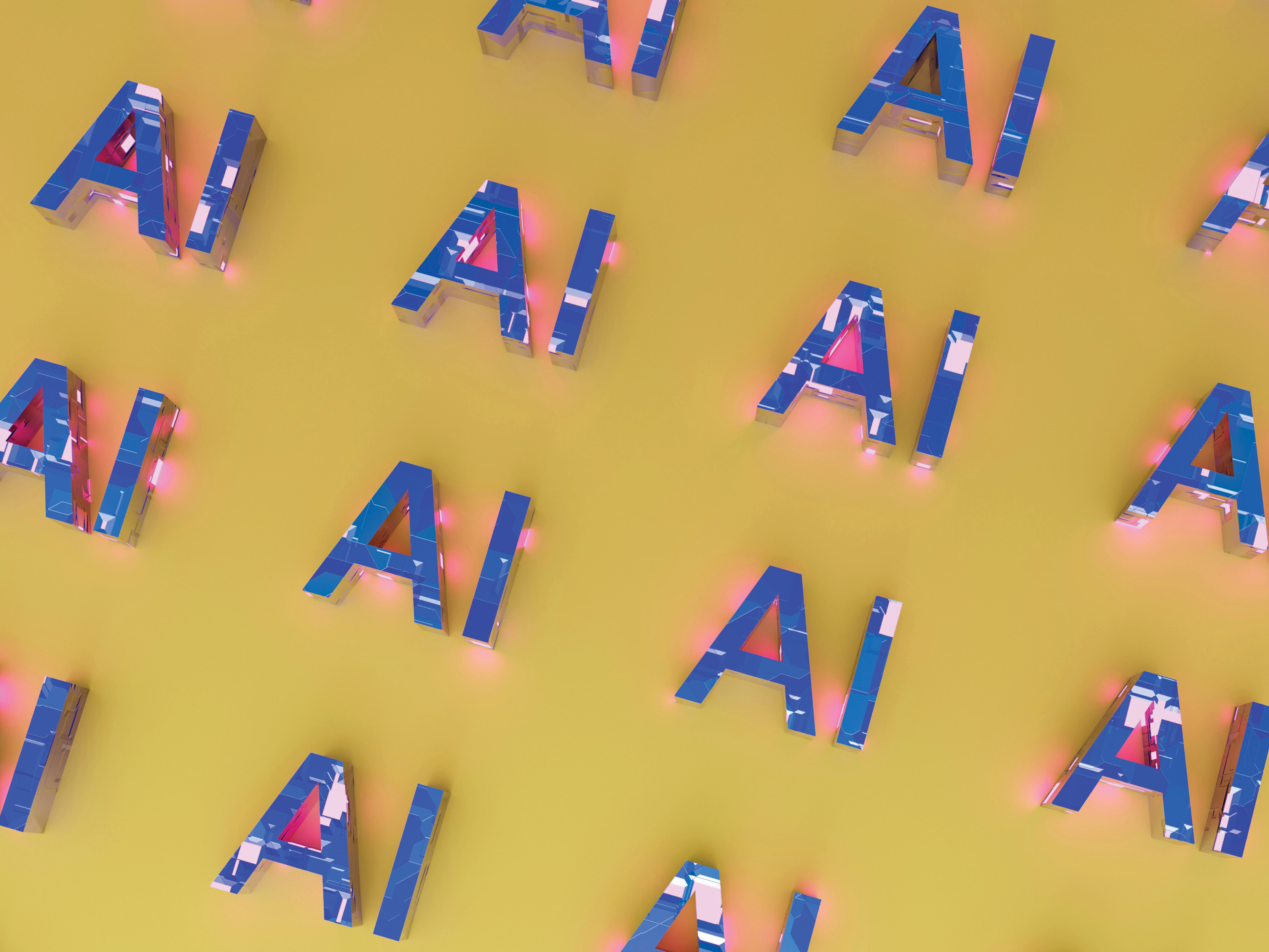 Blue neon lights in the shape of AI are repeated on a yellow background