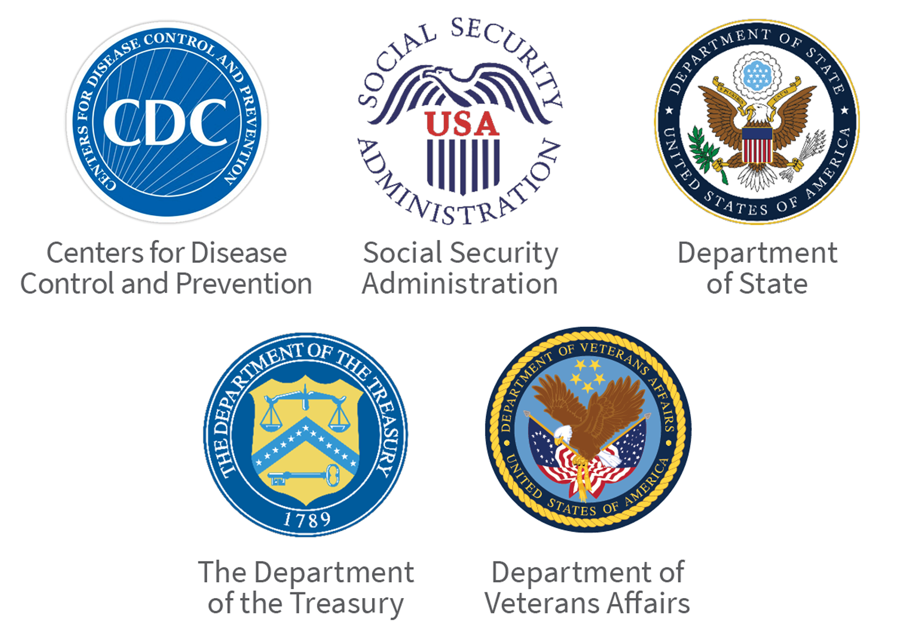 government agency seals for CDC, SSA, State, Treasury and VA