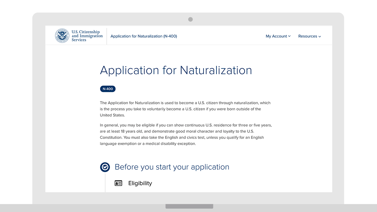 The USCIS Form N-400 for applying for naturalization.